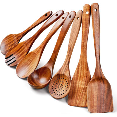 Ensemble 7 pièces d'ustensiles en bois de teck naturel pour la cuisson - cuillères anti-égratignures, spatule et louche pour batterie de cuisine antiadhésive, résistant à la chaleur avec prise confortable, ustensiles de cuisine faciles à nettoyer