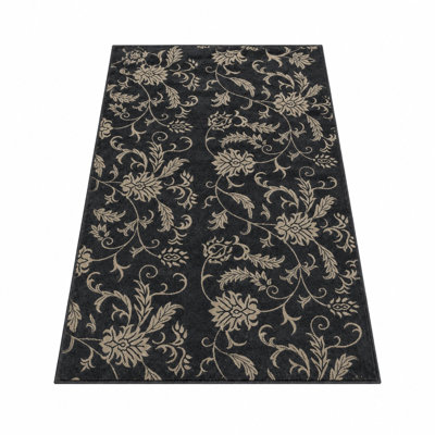 Tapis écologiques en laine touffetée à la main Gorgonio - Rectangle, couleur beige anthracite, design floral moderne, tapis antidérapants faits à la main épais pour salon, chambre à coucher