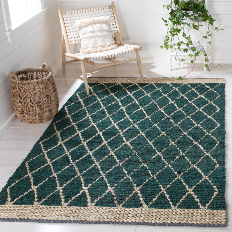 Kedron Natural Fiber Hand Loomed Jute/Cotton Geometric Rug in Dark Green, Rectangle 8' x 10'