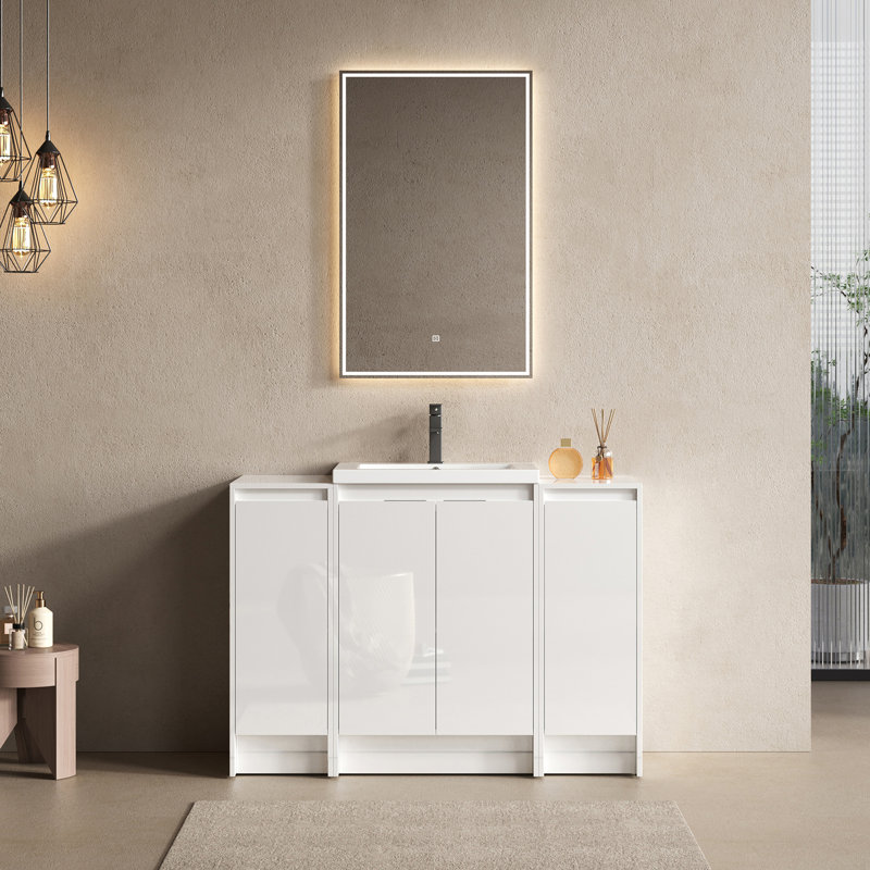 Meuble-lavabo autoportant de 48 po avec lavabo en résine et 2 armoires de rangement, portes à fermeture douce
