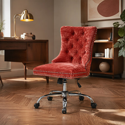 Fauteuil de bureau, hauteur réglable, revêtement en chenille avec base en métal chromé, fauteuil de bureau pivotant, fauteuil de maquillage clouté, fauteuil de travail sans accoudoirs, style Mid-Century moderne, orange