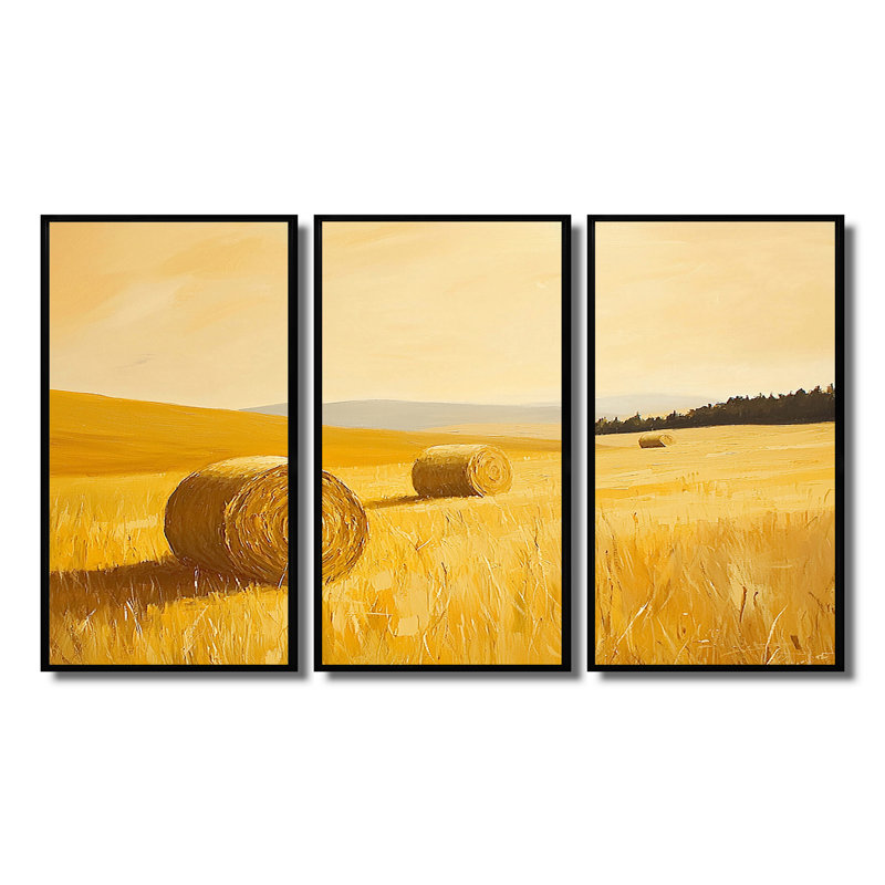 «Yellow Farm Landscape Haystack Hills», ensemble d'art mural de ferme, H 28 po x l 36 po x P 1 po