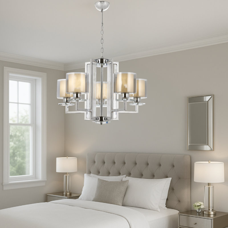 Metal Body Cylinder Glass Cap Vintage Chandelier, 5 Lights, Chrome