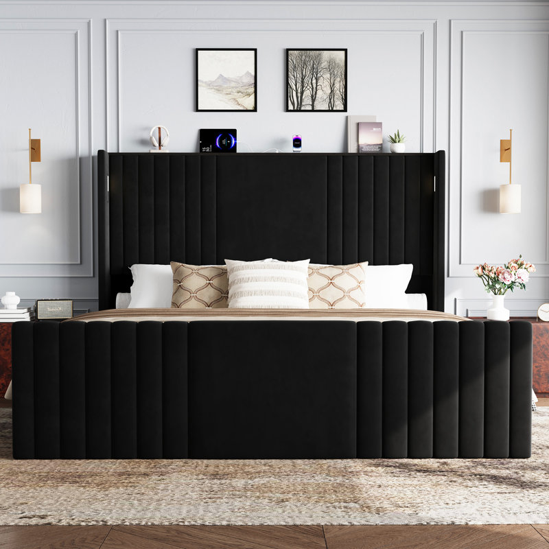 Velvet Upholstered Wingback Platform Bed, Black, King