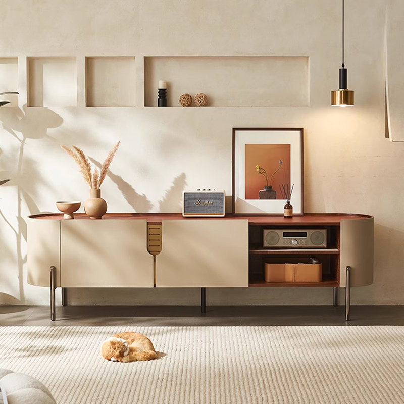 Luxury-modern high-end saddle leather TV cabinet, 21.25"H x 78.74"L x 15.74"W