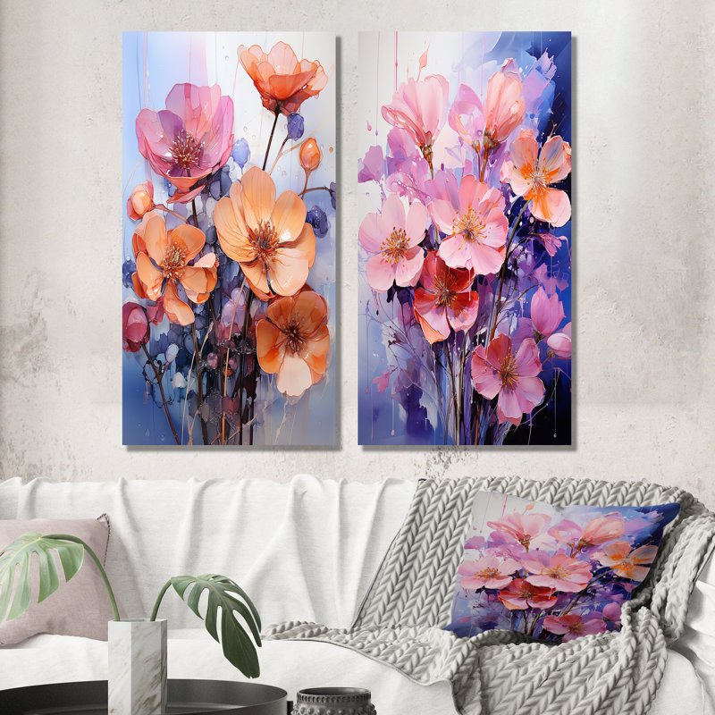 «Peach Purple Violets Représentation Dreams», 2 pièces, H 32 po x l 32 po, Toile tendue