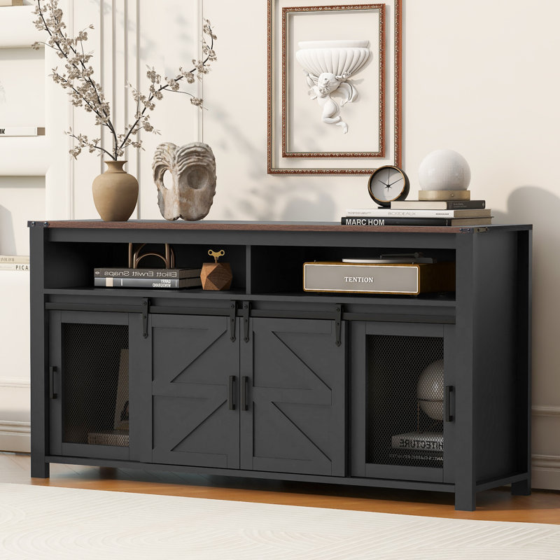 Farmhouse Sideboard with Sliding Barn Doors, Mesh Panels and Open Storage for Living Room, Black