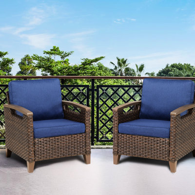 Méridienne d'extérieur brun avec coussins bleus, ergonomique, hydrofuge, acier renforcé, coussins hauts pour chaises de patio, siège profond, tissé à la main et décoloration, sangles élastiques toutes saisons
