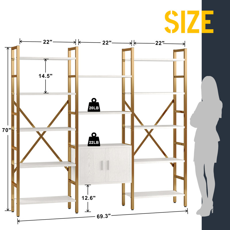70" Industrial Bookshelf, Large 5-Tier Triple Bookcase with Storage Cabinet, 14-Shelf Display Unit, Metal Frame Etagere Furniture for Living Room, Bedroom, Home Office