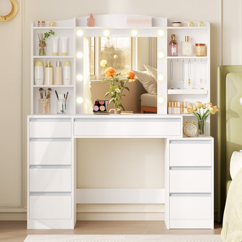 Dressing Table with 8 Drawers, Vanity Desk with Large Mirror and Colorful Lights, Adjustable Brightness, Makeup Desk with Jewelry Storage, 120 cm Tabletop with Bedside Table, White 