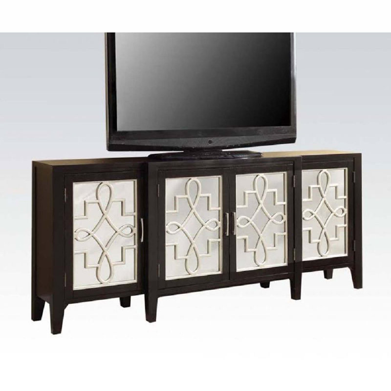 Antique Black Wood Console Table with Mirrored Doors