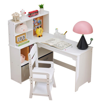 Space-Saving Kids Corner Desk and Chair Set – L-Shaped Children's Study Table with Bulletin Board, Bookshelf, Storage Cabinets, Open Shelves, and Cloth Drawers, White Color