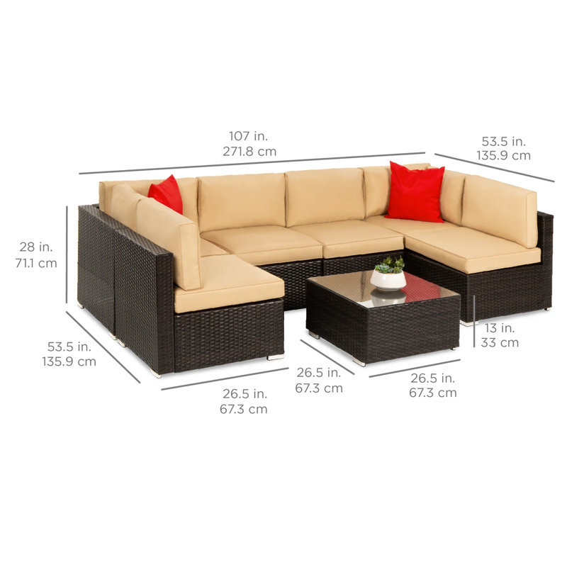 Iosif 7-Piece Outdoor Modular Patio Conversation Furniture, Wicker Sectional Set, Tan, Brown