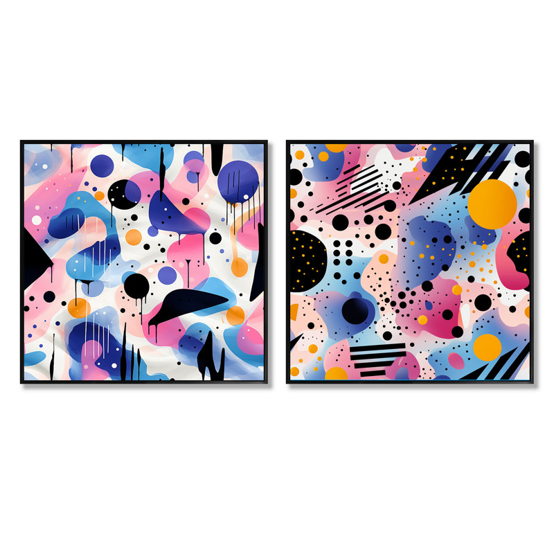 Mauve et rose Designer Dot and Waves II - Ensemble de 2 collages abstraits carrés, Cadre flottant noir, H 30 po x l 61 po