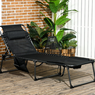 Chaise longue pliante Outsunny avec dossier inclinable à 5 niveaux, fauteuil de bronzage extérieur avec trou pour le visage de lecture, chaise longue d'extérieur avec poche latérale et appui-tête pour la plage, la cour, le patio et le noir