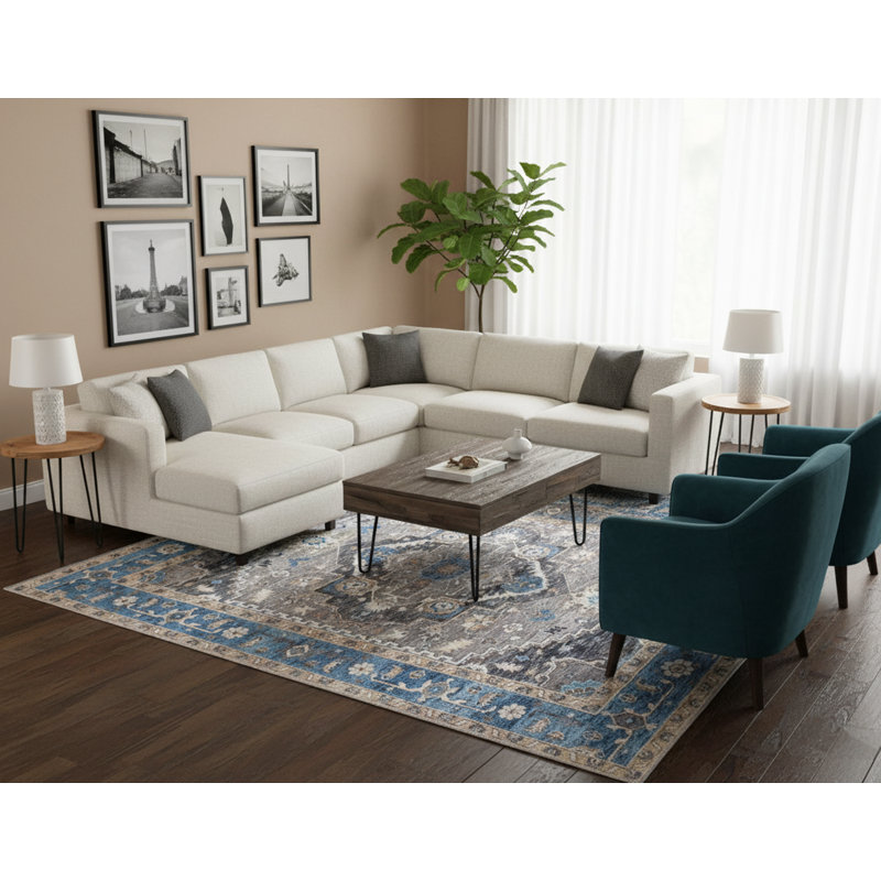 Tapis gris et bleu en laine Oushak - Tapis oriental rétro noué à la main, Rectangle 9 pi x 12 pi