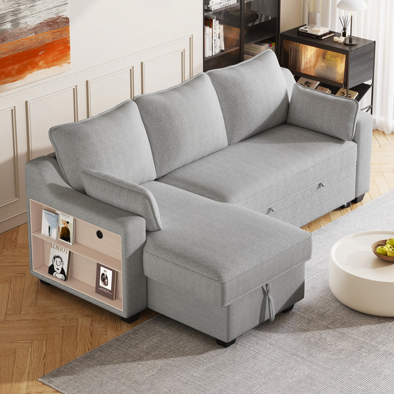 Canapé modulaire, canapé-lit escamotable en L de 90 po avec méridienne, rangement et supports USB, Gris clair