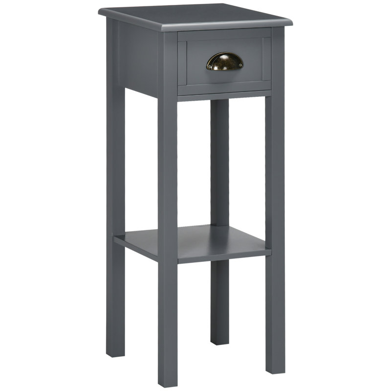 Gray Wooden Narrow End Table with Drawer and Shelf
