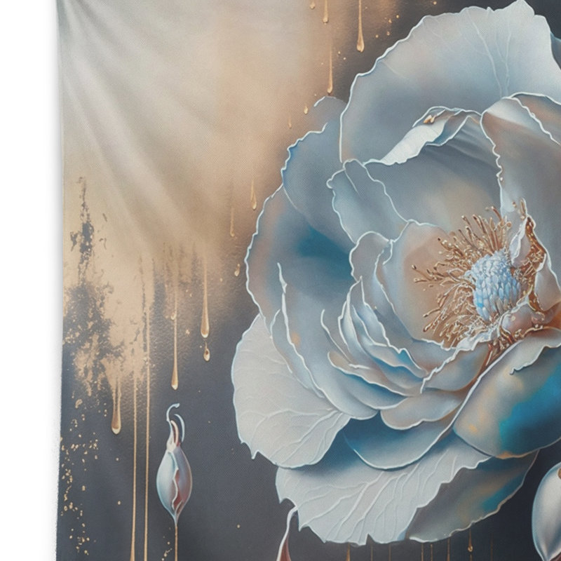 Tapisserie en polyester fleur de camélia bleu avec des punaises, H 50 po x l 60 po