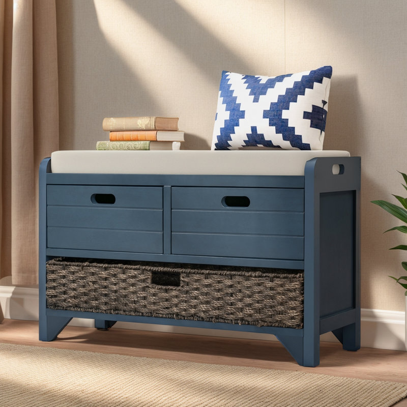 Banc de rangement à chaussures polyvalent en bois avec panier amovible et 2 tiroirs, Marine