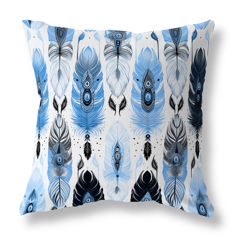 Oreiller réversible intérieur / extérieur Feathered Treasure, H 16 po x l 16 po, Bleu / blanc