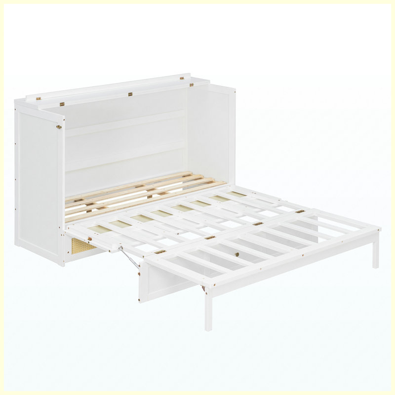 White Queen Size Murphy Bed with Large Storage Drawers, Space-Saving Wall Bed