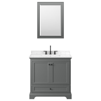 Deborah 36 Inch Single Bathroom Vanity in Dark Gray, Carrara Cultured Marble Countertop, Undermount Square Sink (3-Hole), Matte Black Trim, Medicine Cabinet