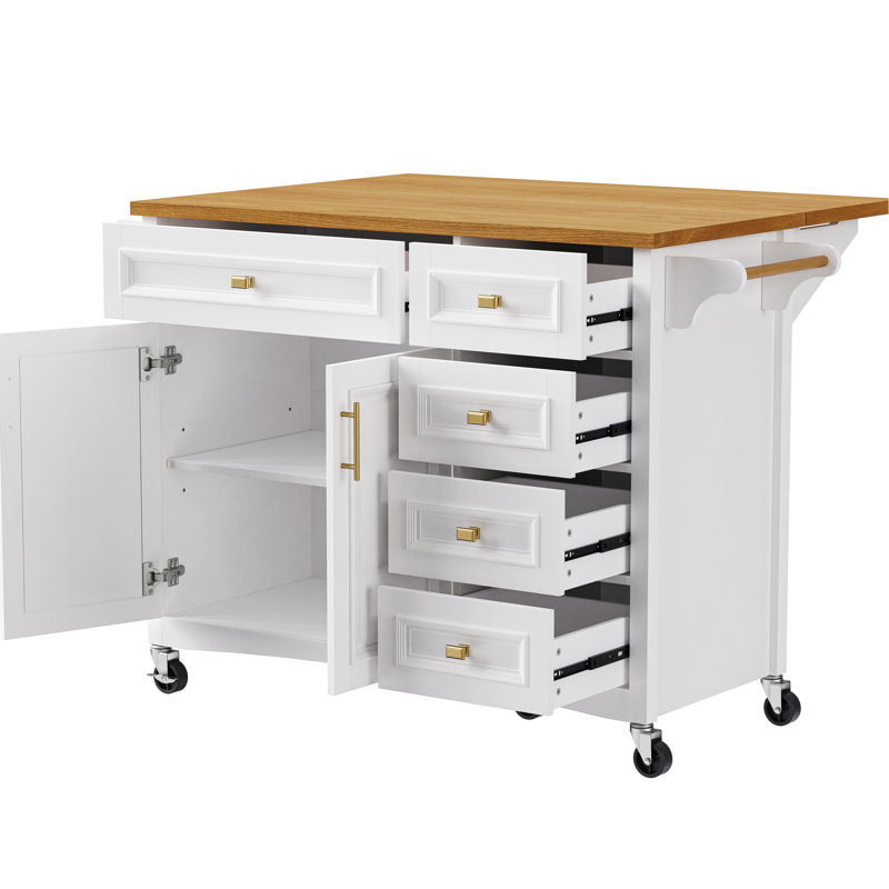 White Mobile Kitchen Island With Drop Leaf. Texture, Spice Rack, Towel 2 Doors, 5 Drawers, Adjustable Shelf For Chic Modern Luxury Coastal Wheels Ornament, Elegant