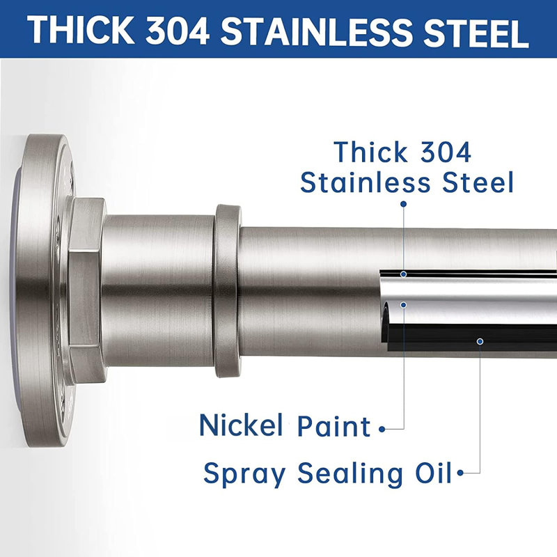 Tringle à rideau de douche industrielle - tension 2 en 1 et fixation par vis, acier inoxydable 304 antirouille, finition nickel brossé, tringle réglable robuste