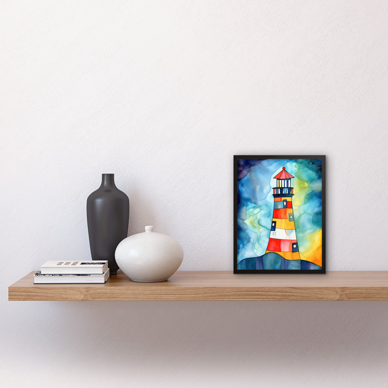 Lighthouse At Night Folk Art Watercolour Painting Artwork Framed Wall Art Print 9X7 Inch