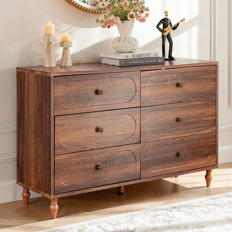 6 Drawer Dresser For Bedroom, 47" Wide Mid-Century Chest Of Drawers With Solid Wood Legs, Dark Walnut Wood Dresser With 6 Storage Drawers For Bedroom, Living Room, Tv Stand