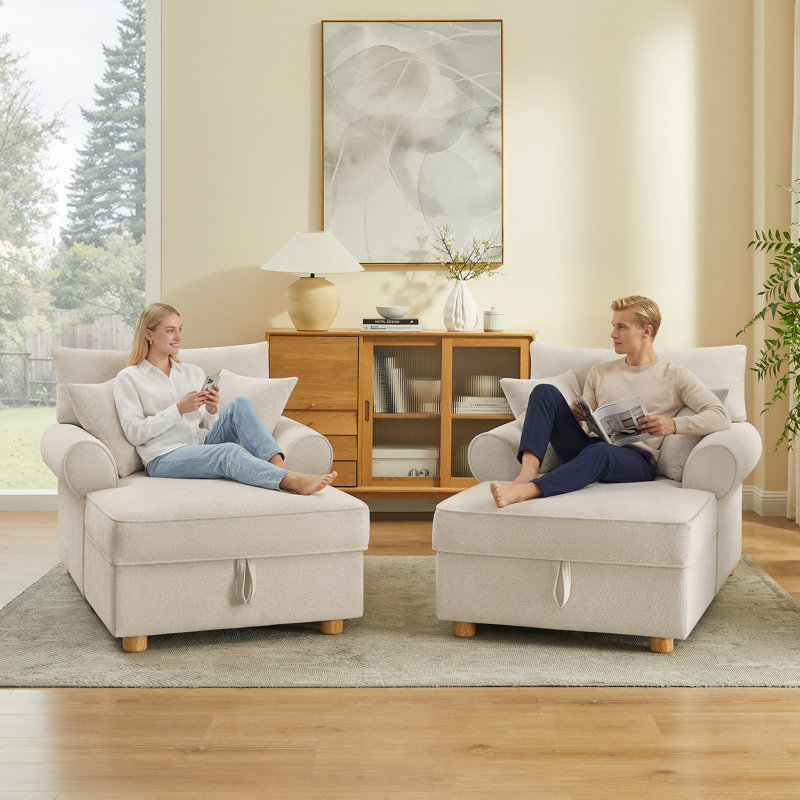 Chaise longue rembourrée en chenille avec rangement (ensemble de 2), Beige