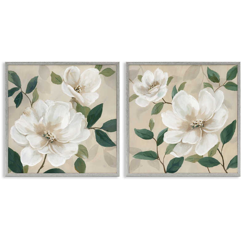 Ensemble de 2 giclées encadrées Serene White Blossoms & Foliage, design par Nan, H 17 po x l 17 po