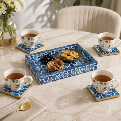 Handcrafted Gramercy Bone Inlay Serving Tray & Coaster Set of 4