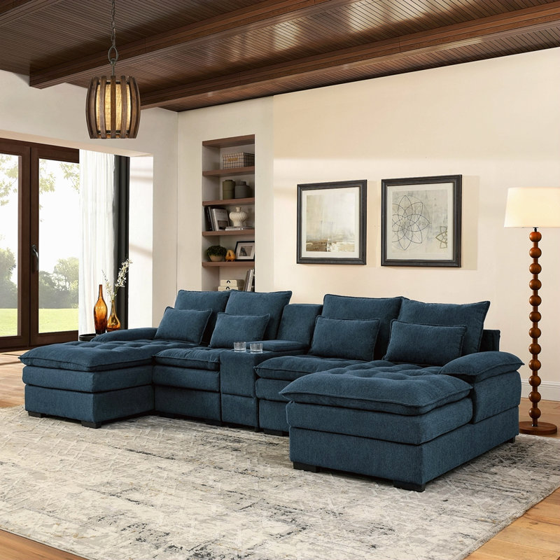 Canapé en forme de U de 130 po avec console, porte-gobelets, mobilier 6 places principal, ensemble de canapé-lit avec méridienne pour salon, appartement