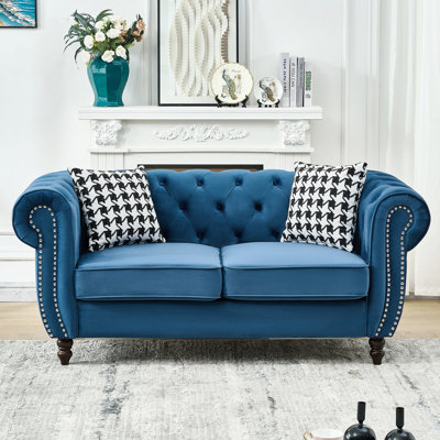 Blue Velvet Upholstered 65" 2 Seater With Roll Armrest, Nailhead, Mid Century Modern Style, Solid Wood Frame, High - Density Foam Cushions, For Primary Living Space Rolled Arms, Blue, Pine Wood,