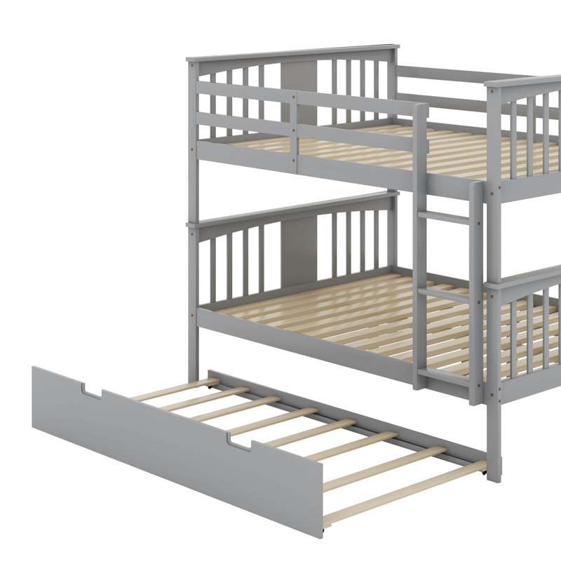 Full Over Full Bunk Bed With Trundle And Ladder, Gray