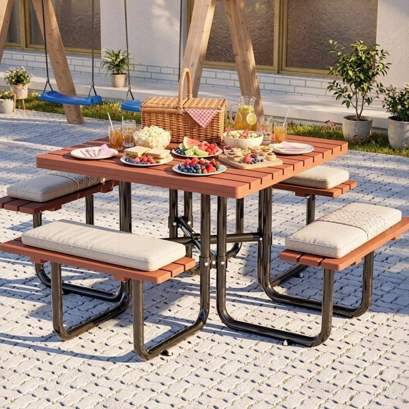 Spacious Square Picnic Table Set with Built-in Benches, Solid Wood Top, and Umbrella Hole for Outdoor Gatherings