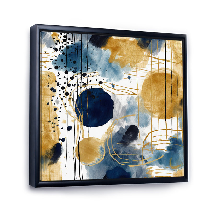 Motif abstrait avec textures bleues et dorées V, reproduction sur toile, H 30 po x l 30 po, Cadre flottant noir