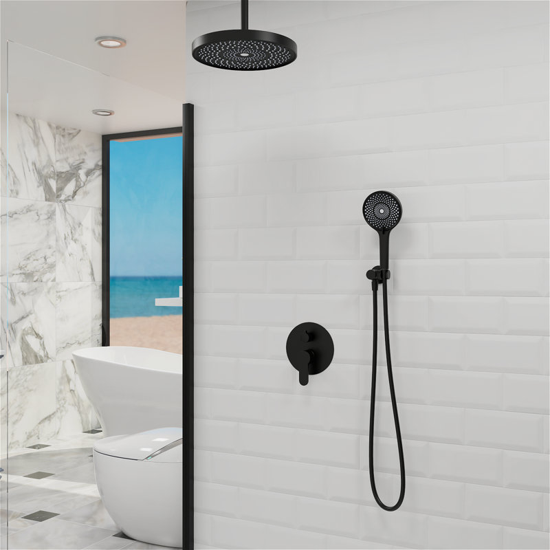 Systèmes de douche avec douche à effet pluie de 12 po et douchette à main haute pression, Noir mat