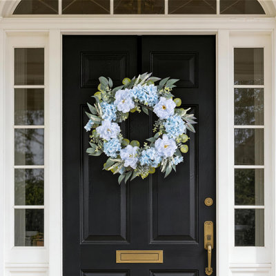 24"D Blue Peony & Hydrangea Floral Wreath Includes a Complimentary Black Metal Wreath Hanger