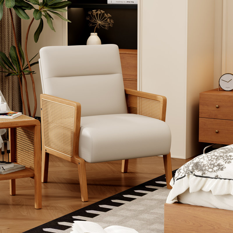 Upholstered Accent Chair With Rattan Arms And Solid Wood Legs, Beige