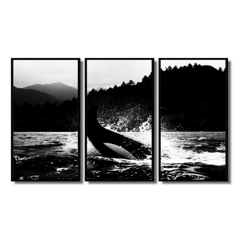 Orque éclaboussant dans l'eau, ensemble de décorations murales monochromes, Cadre flottant noir, H 32 po x l 48 po x P 1 po