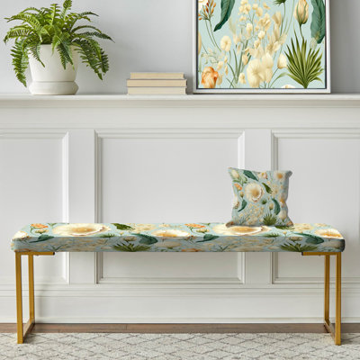 Seashell Sketches Tropical Pattern - Coastal Upholstered Gold Bench