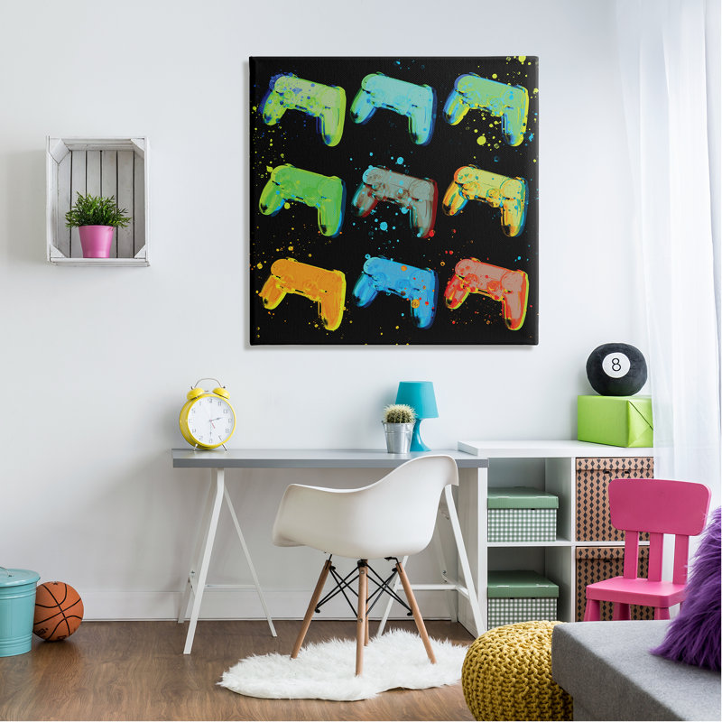 «Neon Pop Style Gaming Controllers Paint Splatter» par Daphne Polselli, impression sur toile tendue