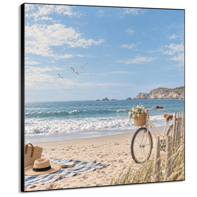Impression sur tissu grand format - Scène de plage côtière à vélo et océan pour salon ou chambre - « Assemblage du cadre requis (cadre non fini) »
