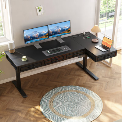 L-Shaped Standing Desk With Integrated Charging Station, Height Adjustable Desk With Four Wooden Drawers, Standing Desk With Memory Controller by Wrought Studio