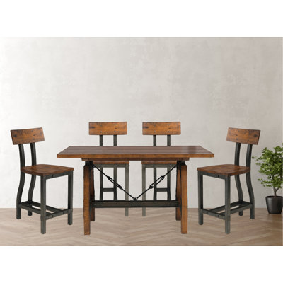 Ensemble de salle à manger 5 pièces à hauteur de comptoir rustique brun et bronze industriel et 4 chaises à hauteur de comptoir au design industriel