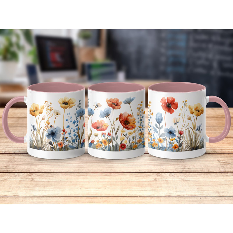 Set of 3 Watercolour Floral 11oz Accent Mugs, Ceramic Coffee Cups with a Pink Handle & Interior