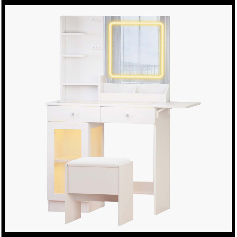 Small Vanity Desk With Mirror And Lights And Chair, Makeup Vanity With Glass Top And 2 USB Power Strip, Vanity With Two Drawers And One Cabinet, Dressing Table Set With 3 Lights Colors Mirror (White)